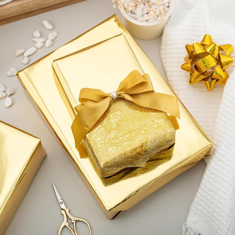 Merture Gold Wrapping Paper Roll - 17 In X 32.8 Ft(46.5 sq.ft.) Metallic Gold Solid Color Gift Wrap with Grid Cutting Lines for Christmas, Wedding, Birthday, Valentines Day, Mothers Day, Baby Shower - Image 2